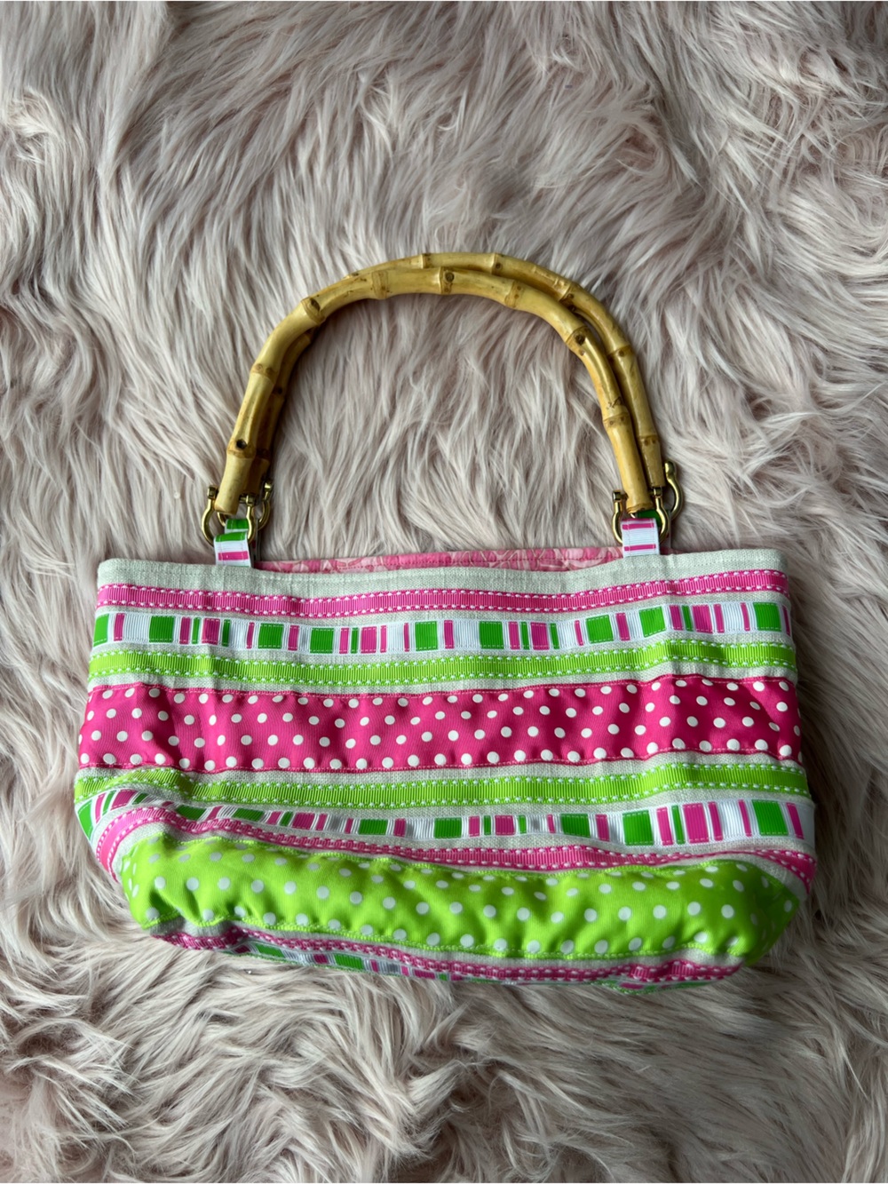 Vintage Pink & Lime Polka Stripe Mini Bag with Bamboo Handle